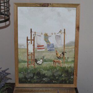 Rustic Country Farmhouse Wood Frame Chickens Laundry Clothes Line Wall Art Decor